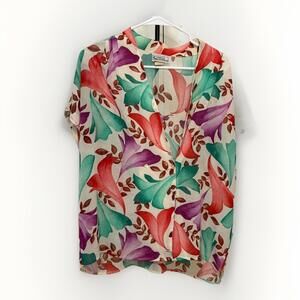 Campus Casuals Floral Blouse Cream Multicolor Short Sleeve Women’s Large Vintage